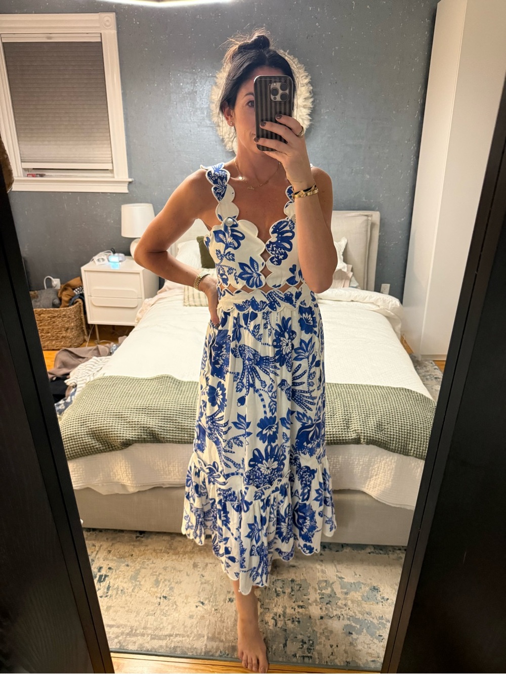 FARM Rio Blue and White Floral Midi Dress